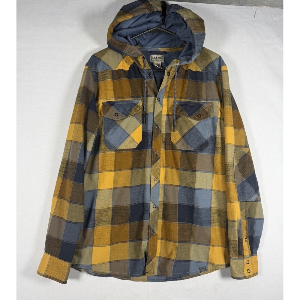 LL Bean Hooded Flannel Shirt Jacket Men's Medium Yellow Plaid Wool Blend 502205